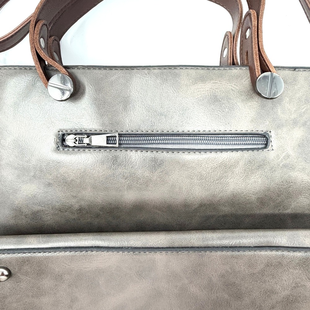 Gray Leather Tote Bag Brown Strap Large Zip Pocket Shoulder Bag - Picture 5 of 15